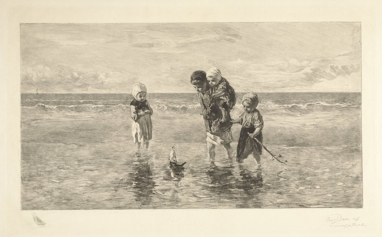 Vier kinderen spelen met speelgoedbootje op het strand in ondiep zeewater door Carel Lodewijk Dake