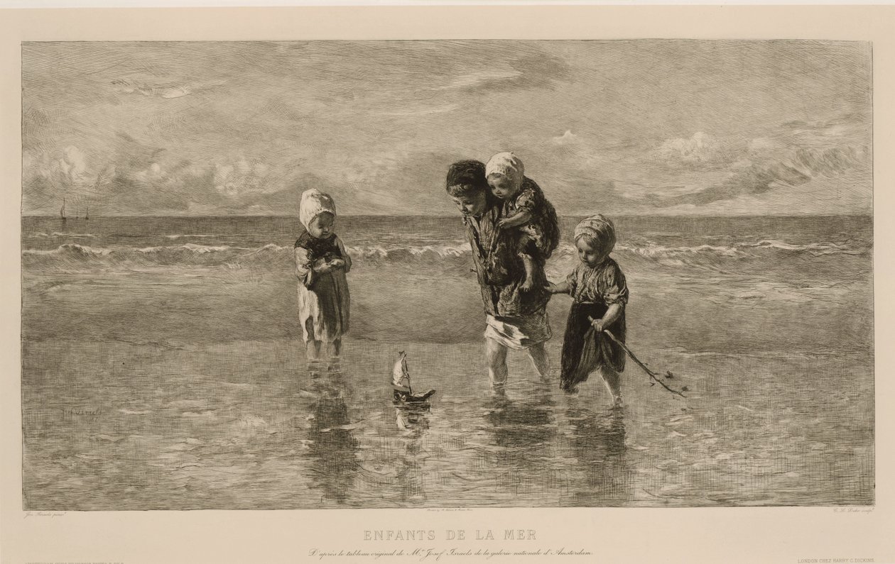 Vier kinderen spelen met speelgoedbootje op het strand in ondiep zeewater door Carel Lodewijk Dake