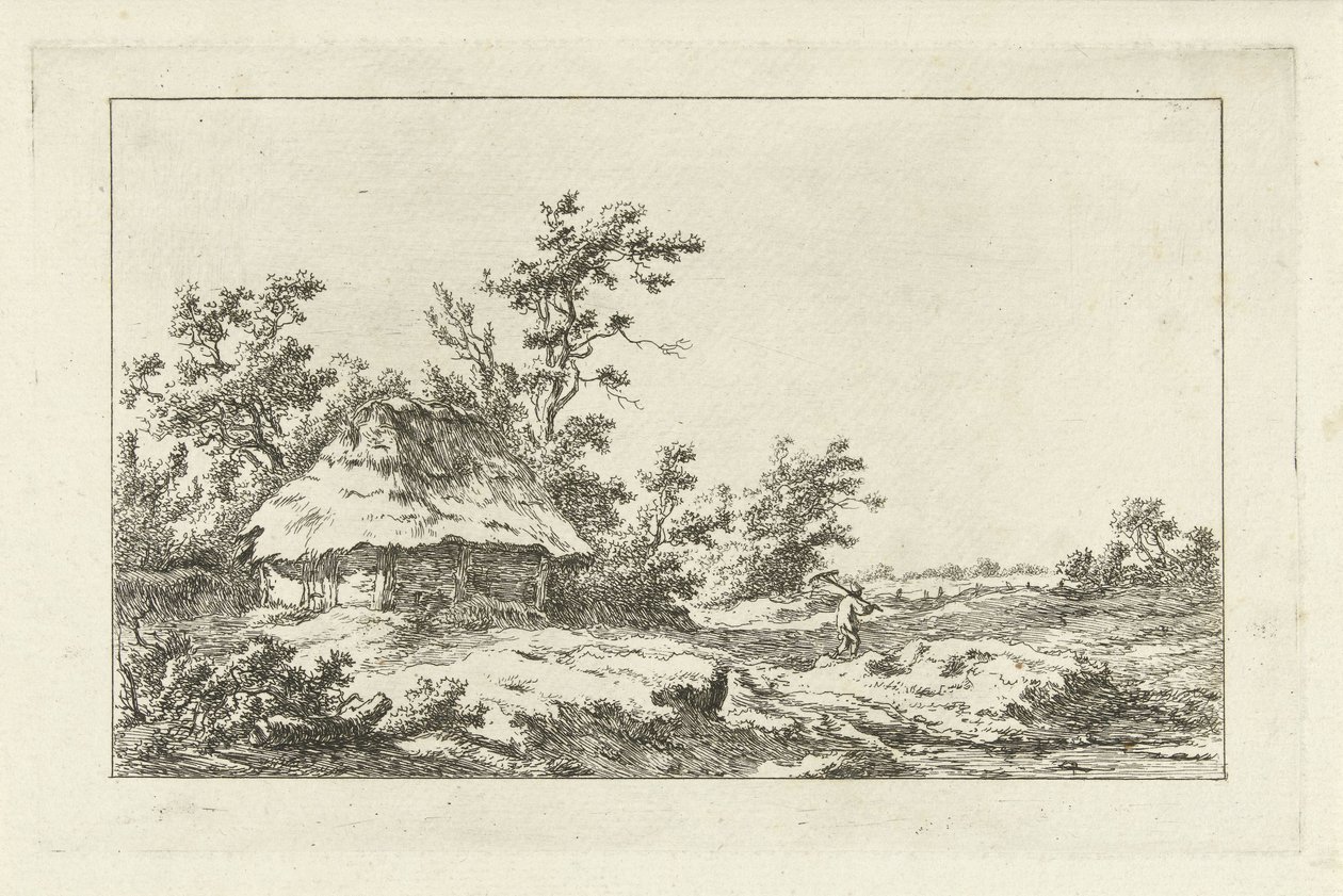Man met hark bij een schuur Landschappen (A-F) (serie) door Carel Lodewijk Hansen