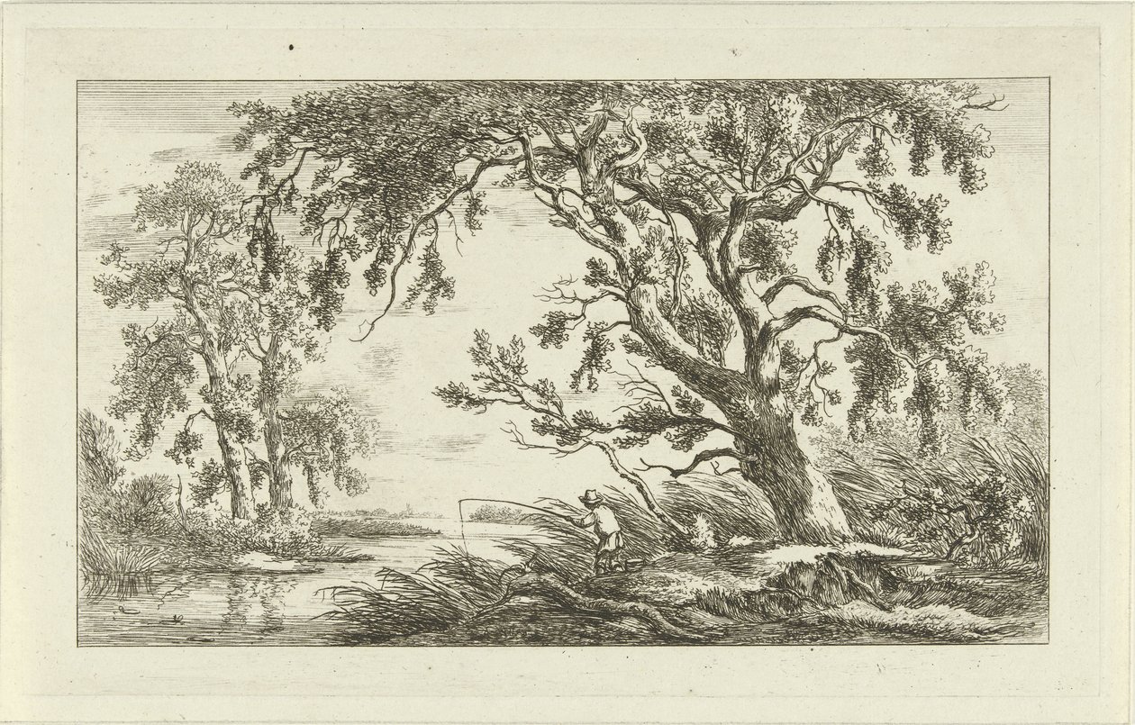 Visser in een rivierlandschap door Carel Lodewijk Hansen