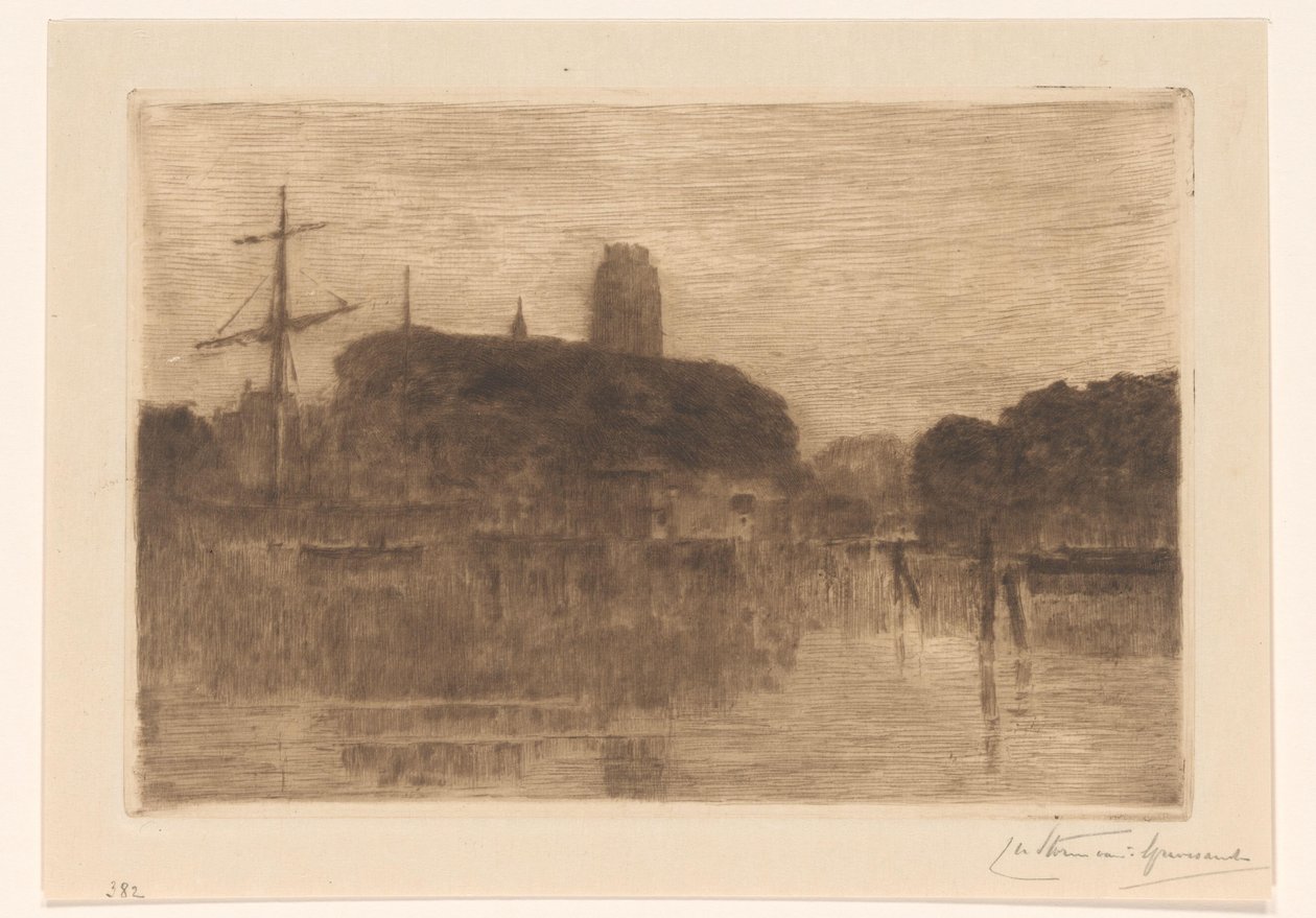 Gezicht op de Nieuwe Haven in Dordrecht bij avond door Carel Nicolaas Storm van 