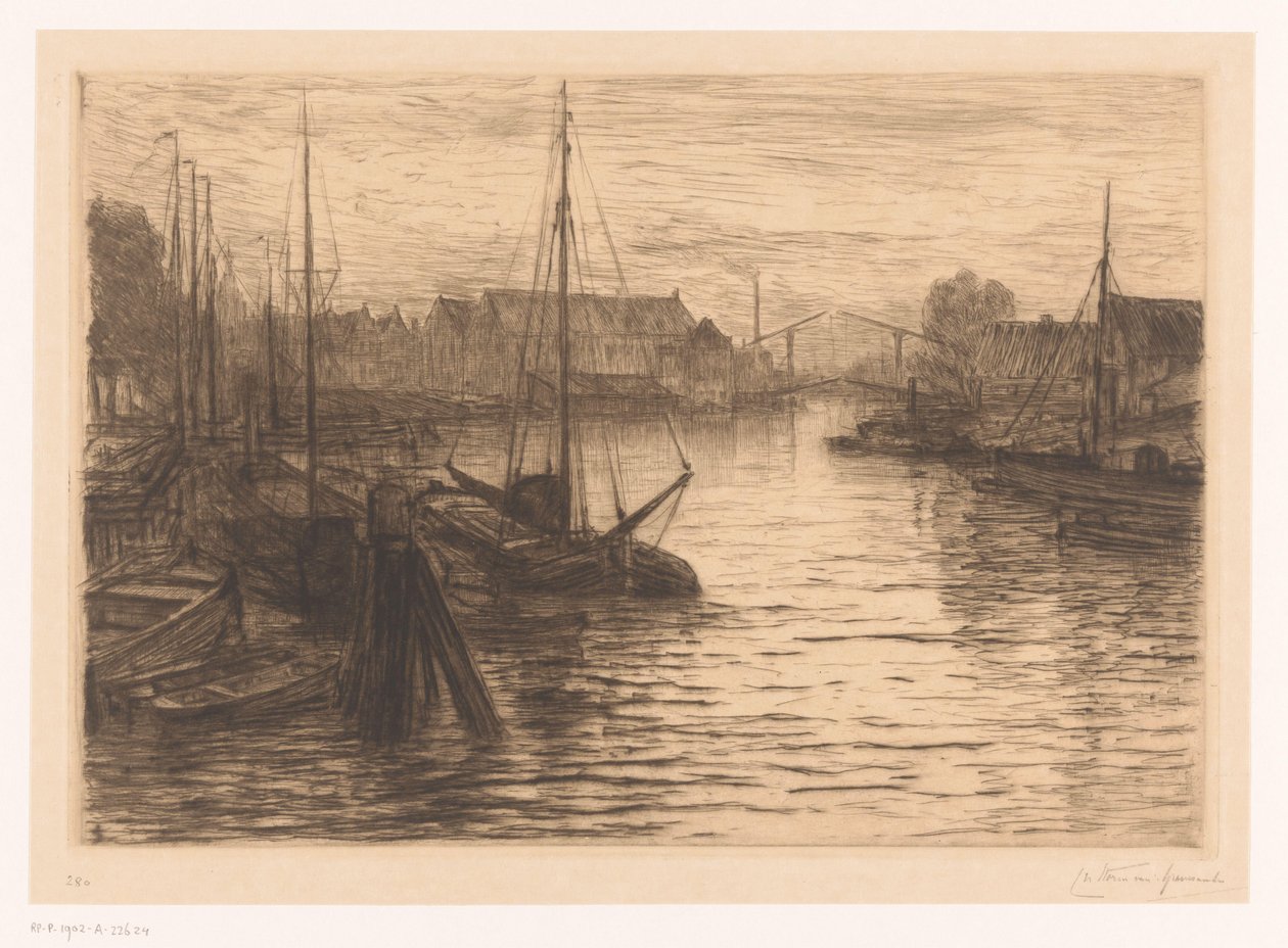 Riedijkshaven in Dordrecht bij avond door Carel Nicolaas Storm van 