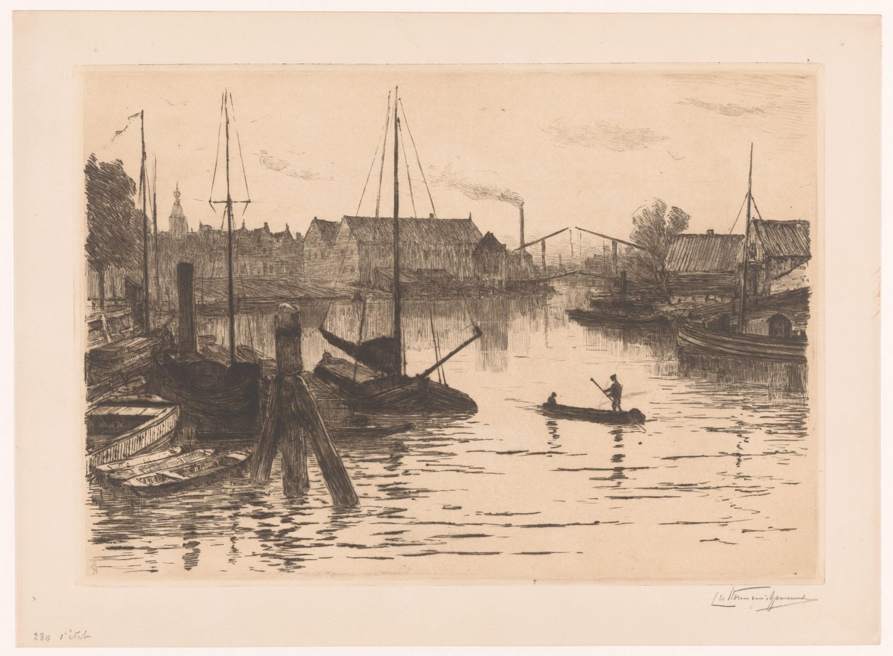 Riedijkshaven in Dordrecht bij avond door Carel Nicolaas Storm van 