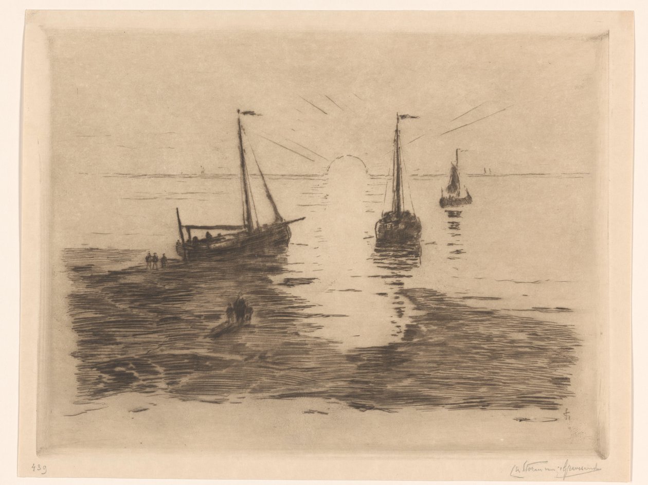 Zeegezicht met zeilboten en ondergaande zon door Carel Nicolaas Storm van 