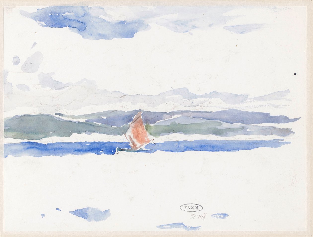 Gezicht op zee met boot (?) door Carel Nicolaas Storm van 