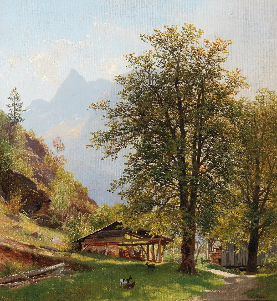 Landschap met boerderijgebouwen door Carl Hasch