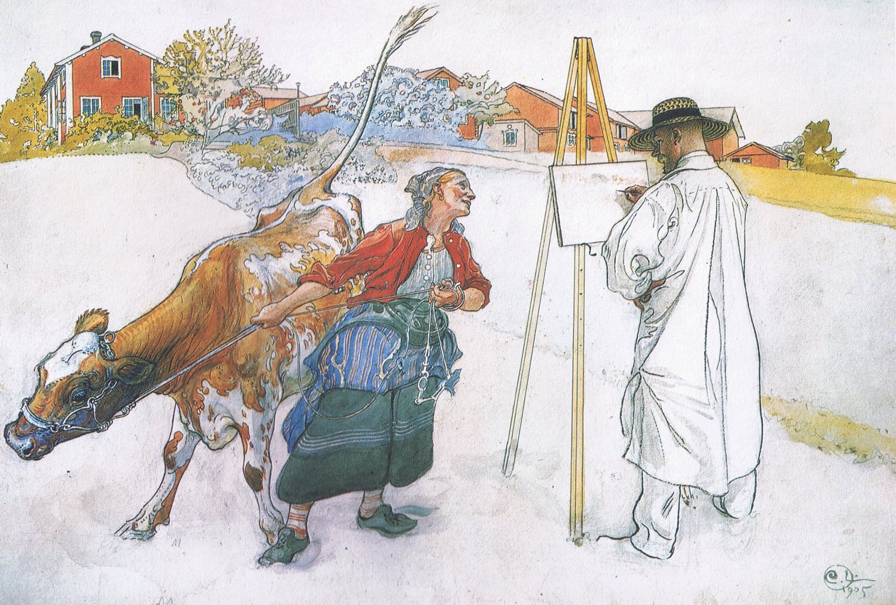 Daar kwam Joanna die Blomma de koe leidde door Carl Larsson