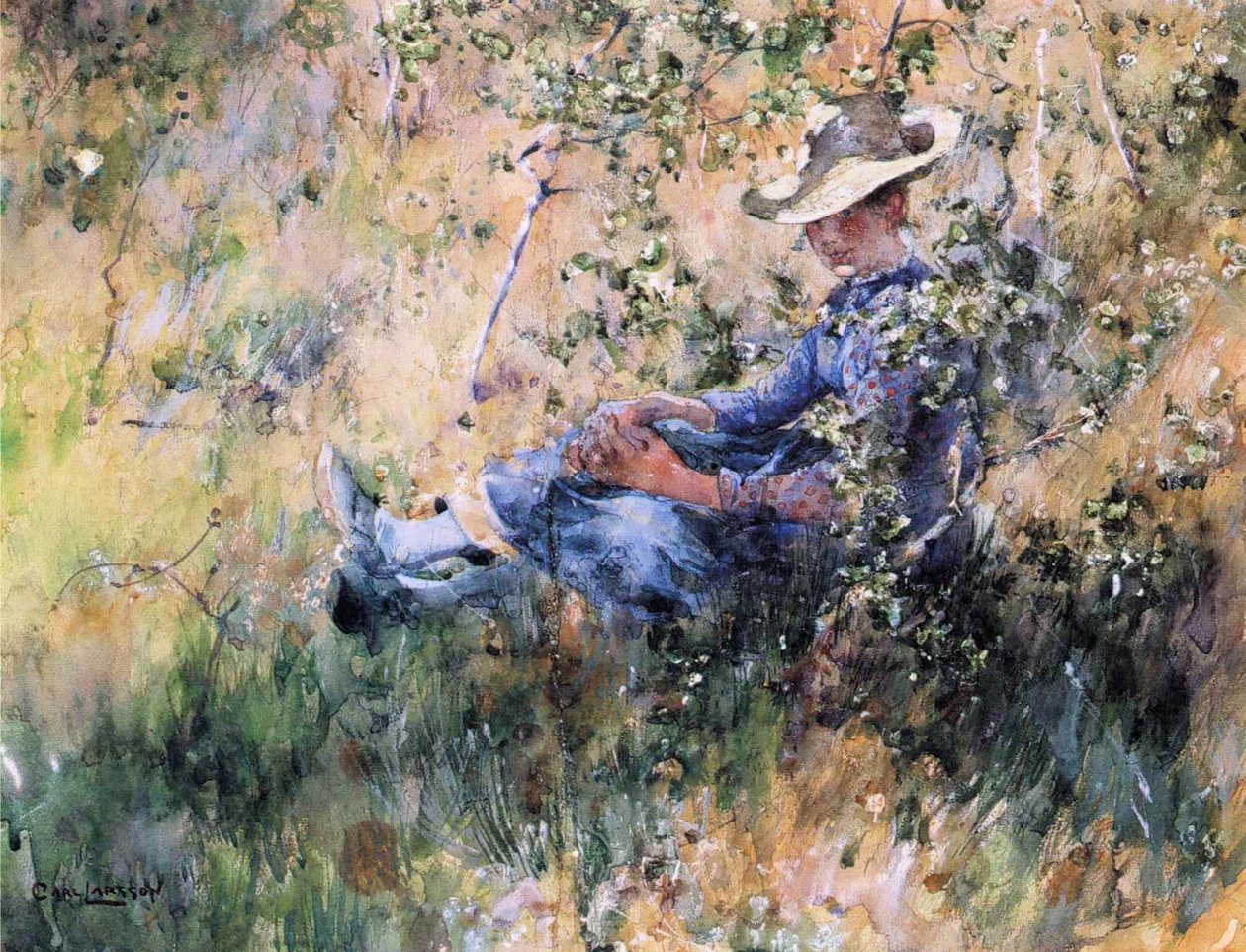 Meisje bij een Bloeiende Meidoornstruik door Carl Larsson