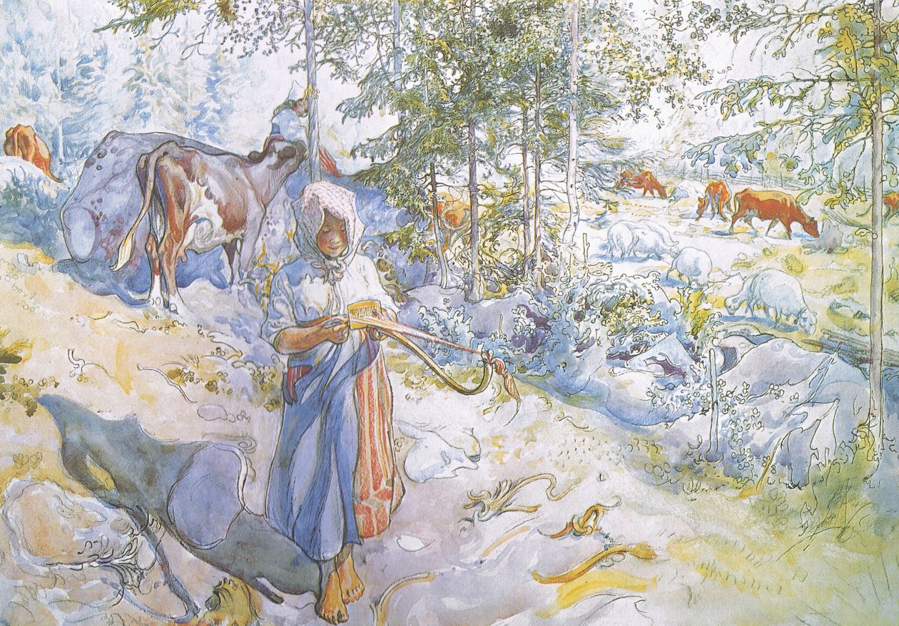 Als laatste kwam kleine Kertsi met een wilgentak om de koeien te drijven door Carl Larsson