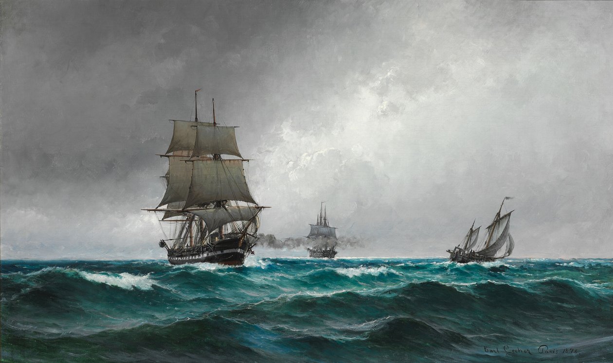 Stille avond in de Noordzee met fregat Jylland door Carl Ludvig Locher
