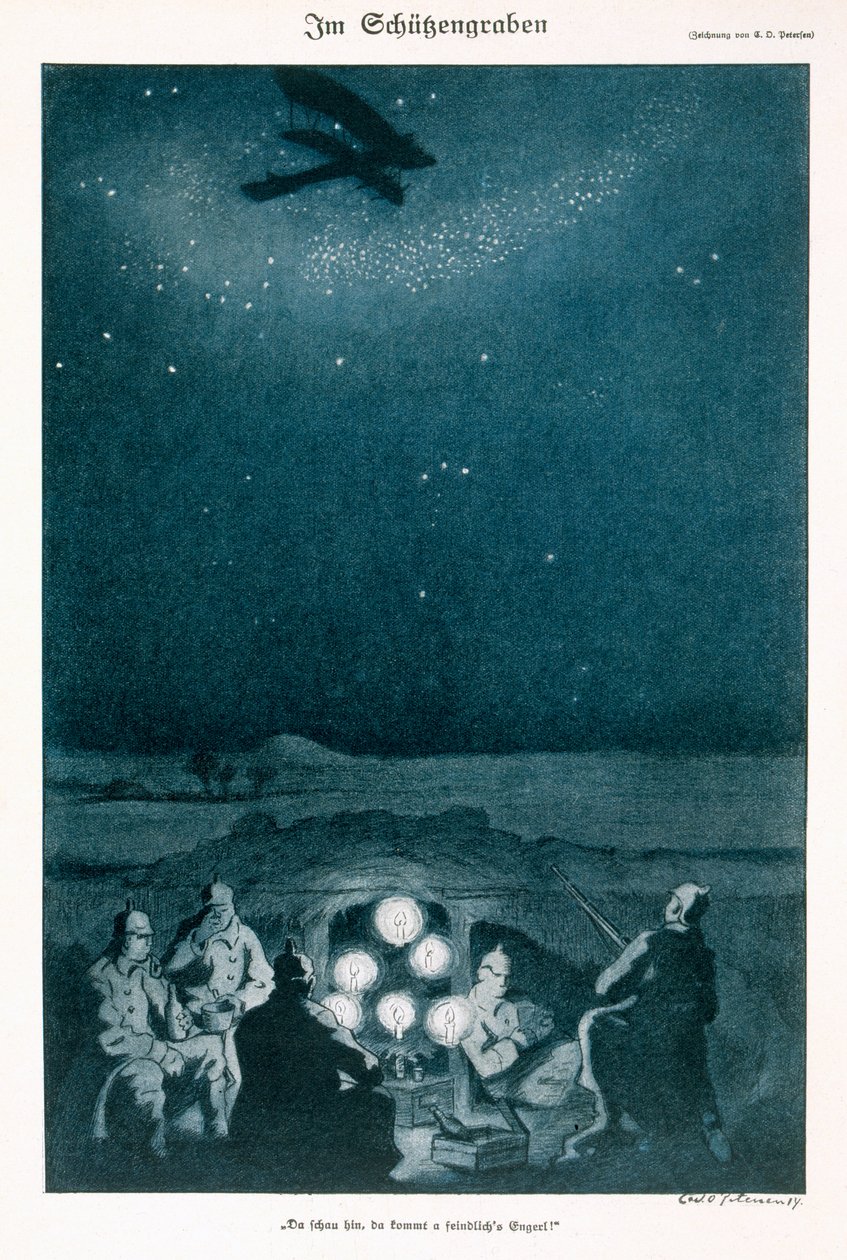 In de loopgraven, illustratie uit een Duits tijdschrift, Simplicissimus, c.1915 door Carl Olof Petersen