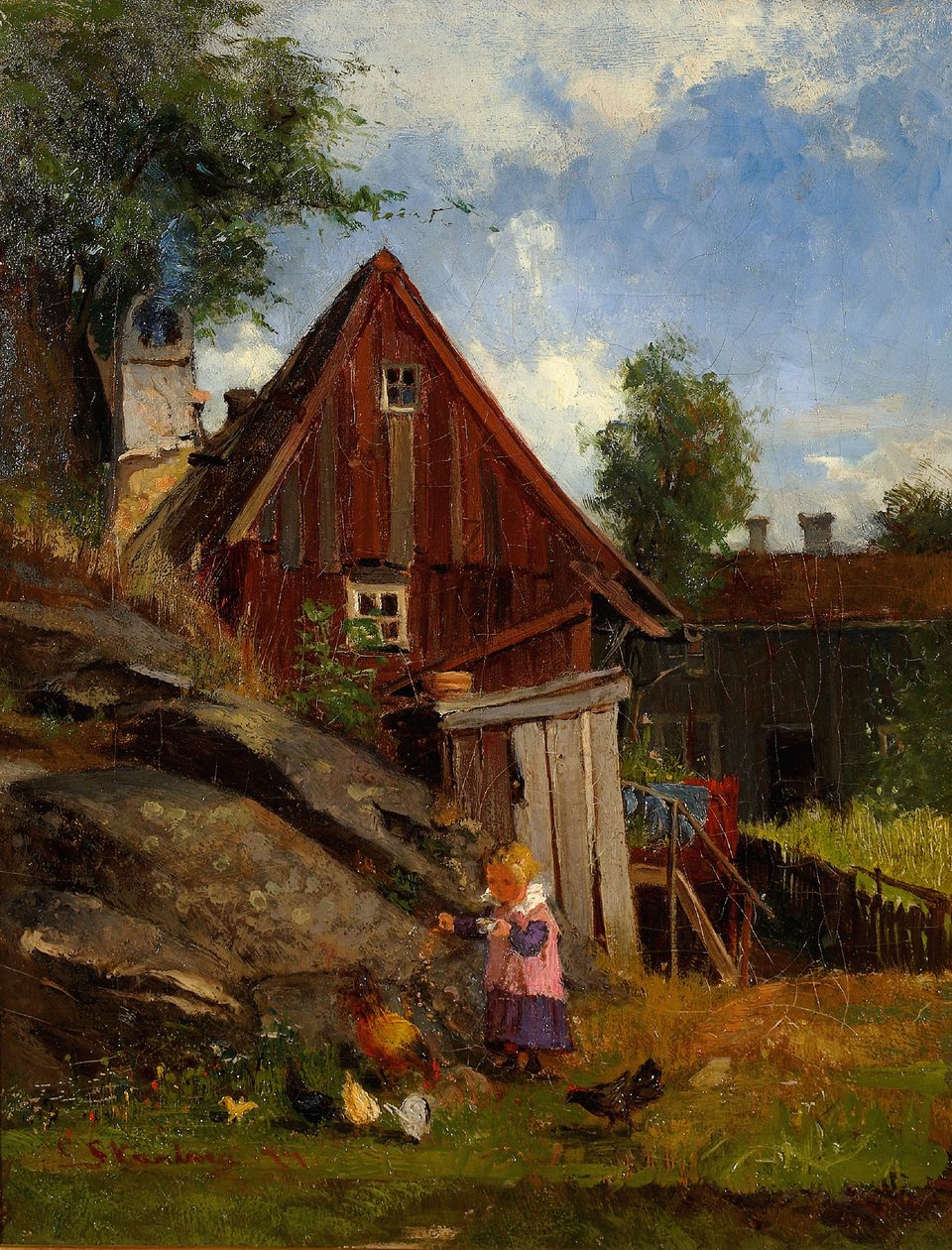 Meisje voedt kippen door Carl Skånberg