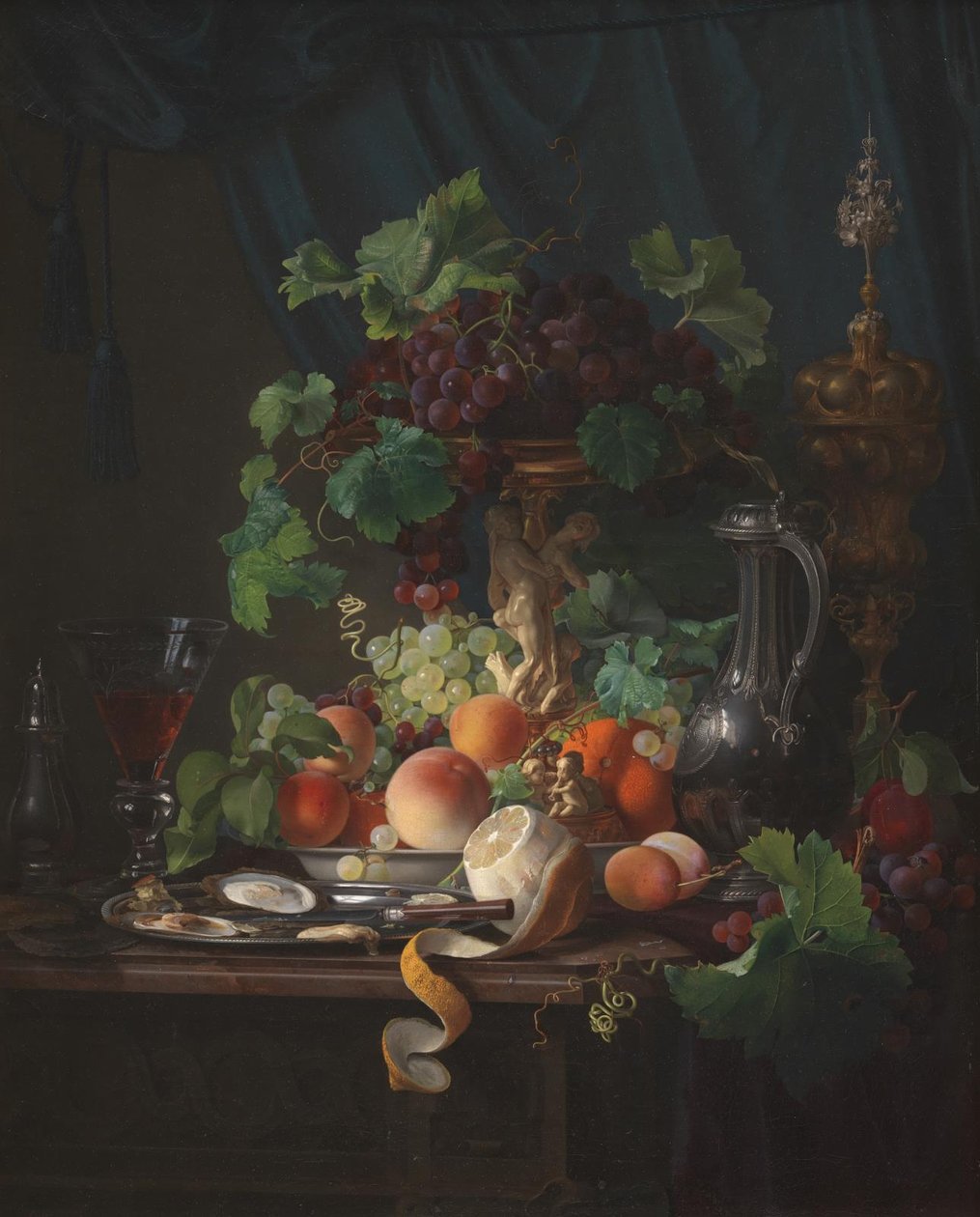 Stilleven met wijnglas, oesters, citroen en ander fruit door Carl Balsgaard