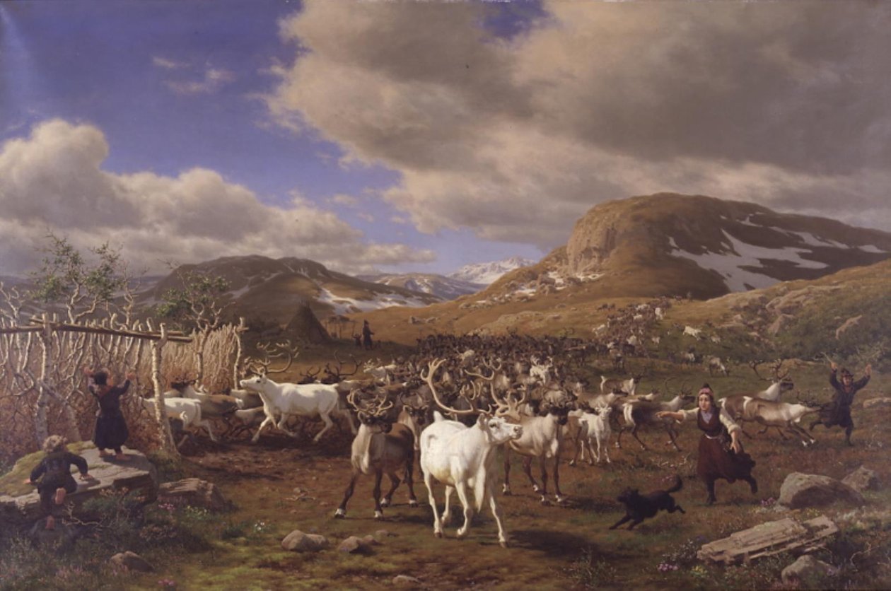 Een kudde rendieren wordt naar de melkplaats gedreven. Motief van de hoogvlakten ten noorden van Røros door Carl Bøgh