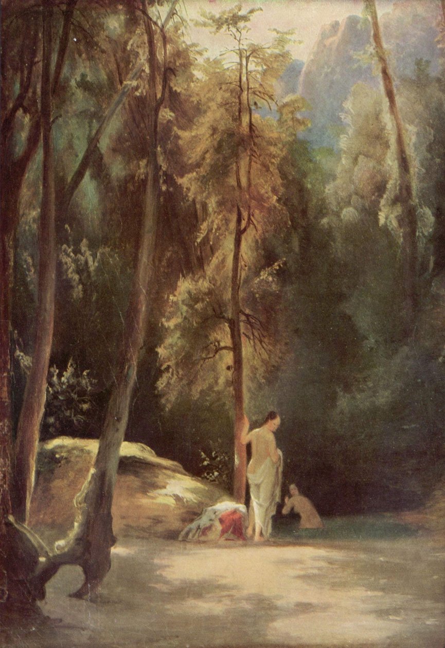 Badende in het park van Terni (Badende vrouwen in het bos) door Carl Blechen