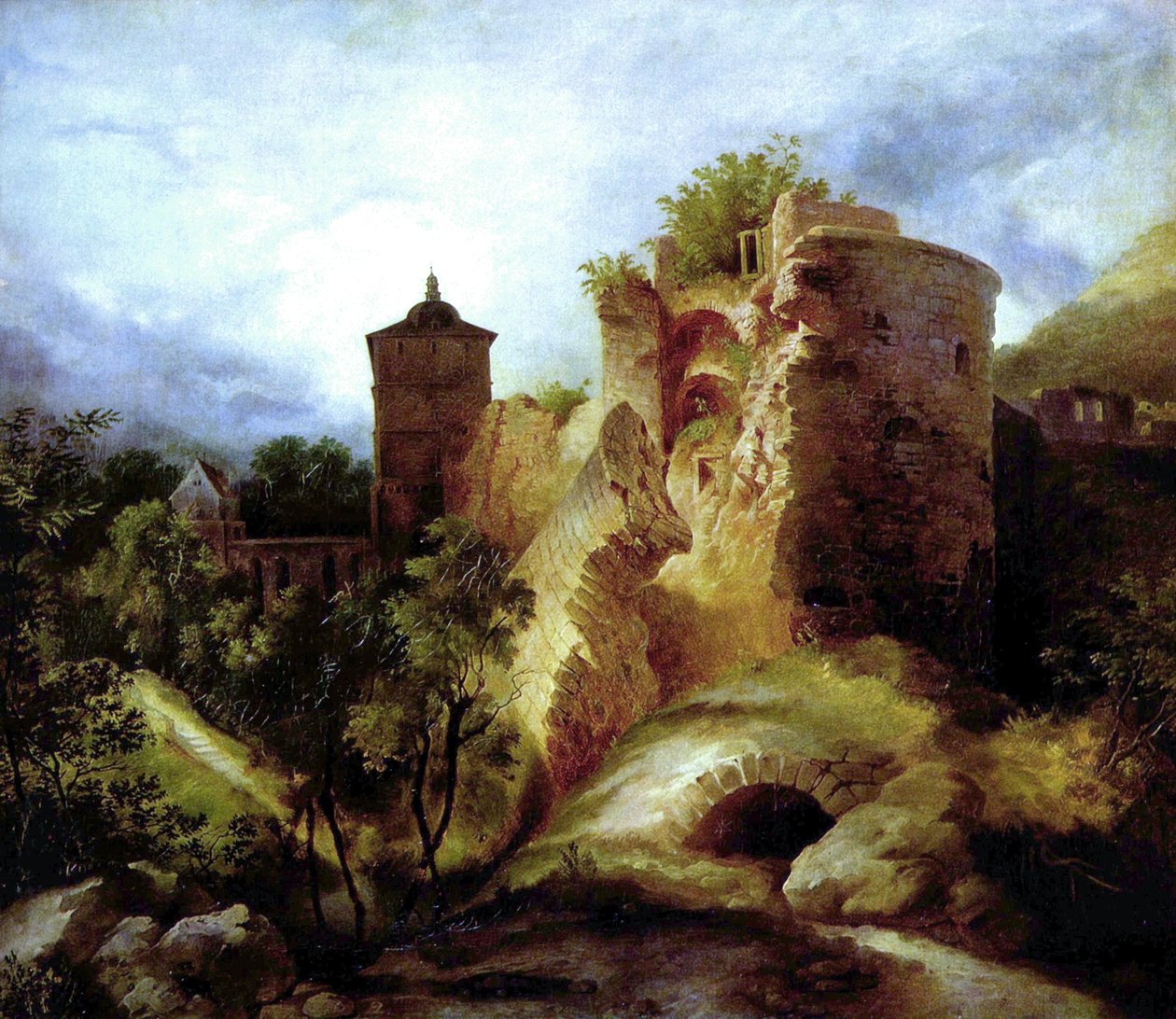 Duits: Der gesprengte Turm des Heidelberger Schlosses De opgeblazen toren van kasteel Heidelberg door Carl Blechen