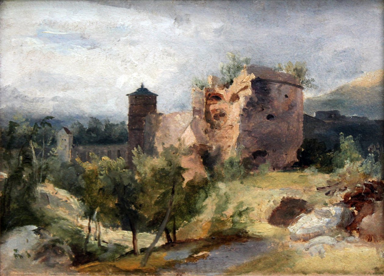 Duits: Der zersprengte Turm des Heidelberger Schlosses De verbrijzelde toren van kasteel Heidelberg door Carl Blechen