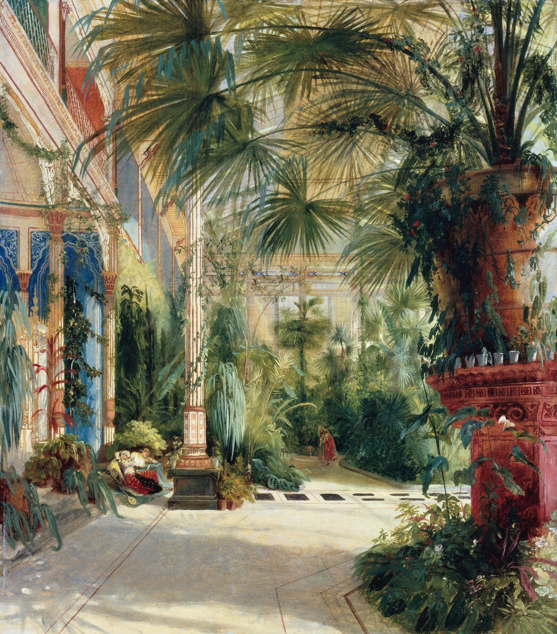 Duits: Das Innere des Palmenhaus auf der Pfaueninsel Het interieur van het Palmhuis door Carl Blechen