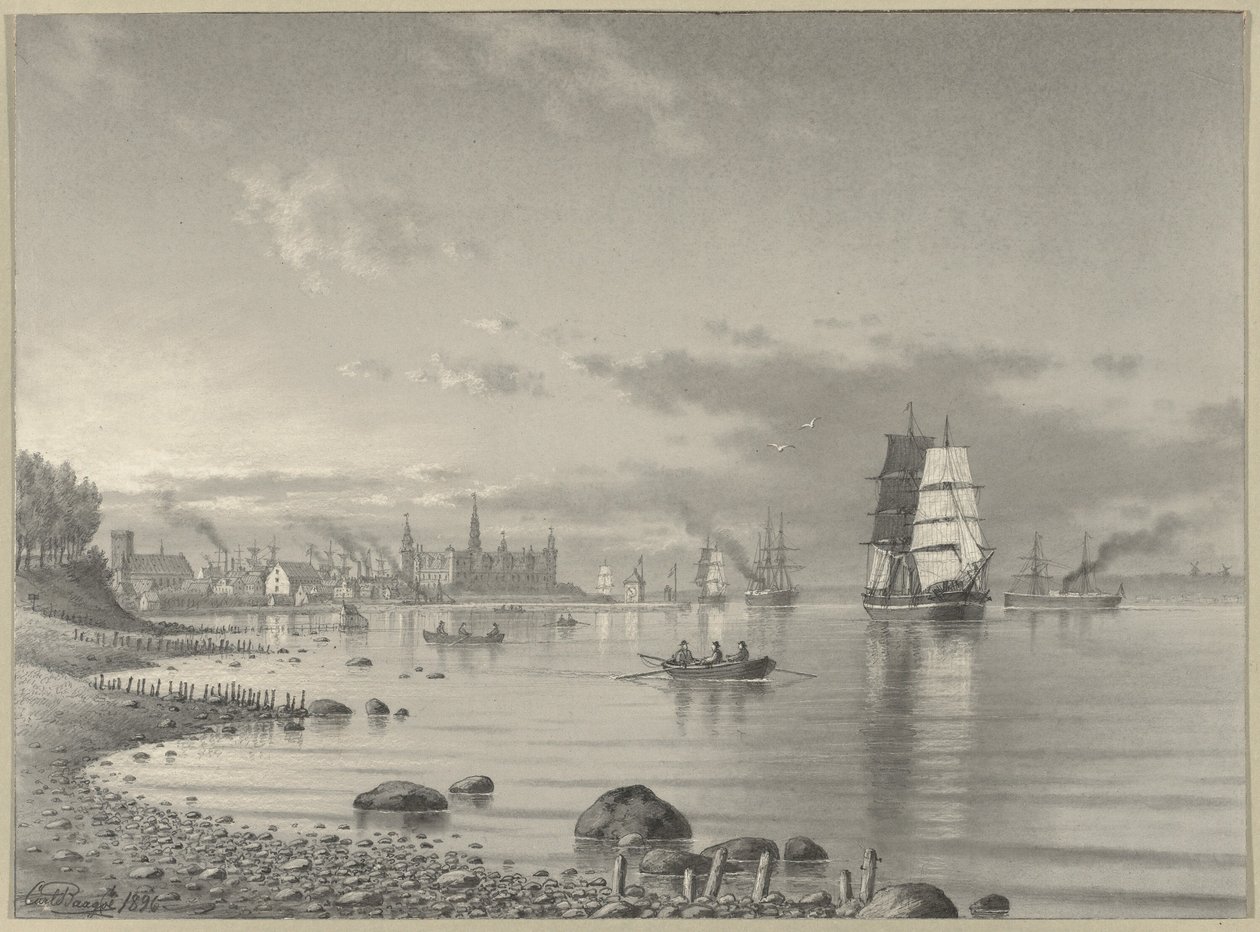Scheepvaart op de Oresund met Helsingor en Kronborg kasteel in de verte door Carl Emil Baagoe