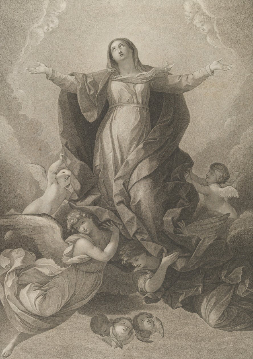 De tenhemelopneming van de Maagd, die met uitgestrekte armen opstijgt, engelen die haar ondersteunen, 1792 door Carl Ernst Christoph Hess
