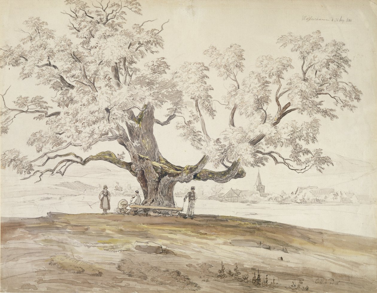 Uitzicht op Wolfershausen bij Meiningen met een Oude Eik, 1844 door Carl Ernst Ludwig Wagner