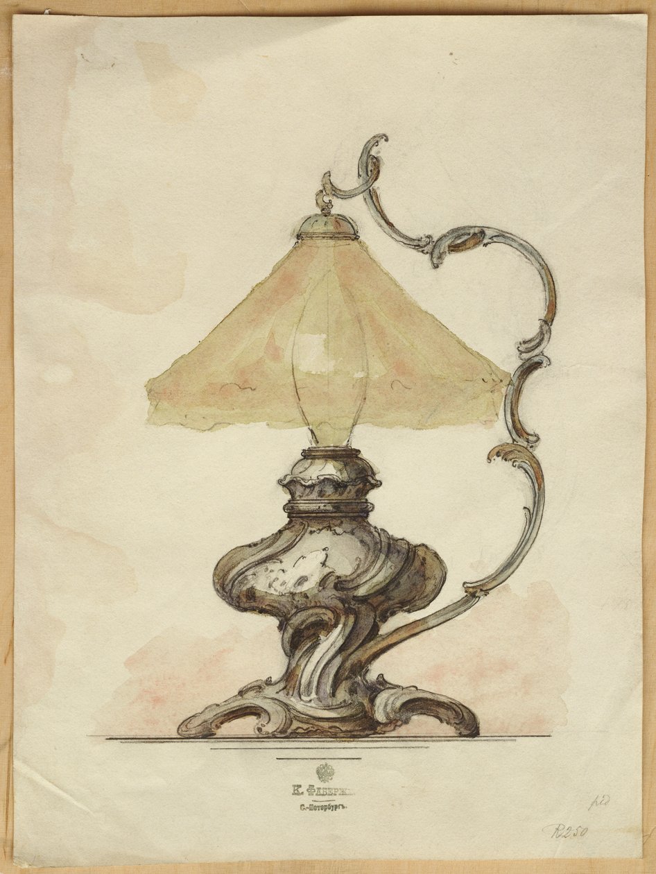 Tekening van een zilveren tafellamp met een gedraaide gegroefde body in rococostijl, Huis van Carl Faberge door Carl Fabergé