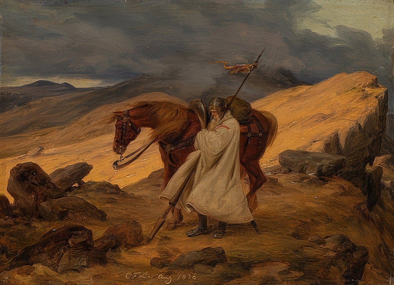 Kruisridder op wacht in de bergen. 1836 door Carl Friedrich Lessing