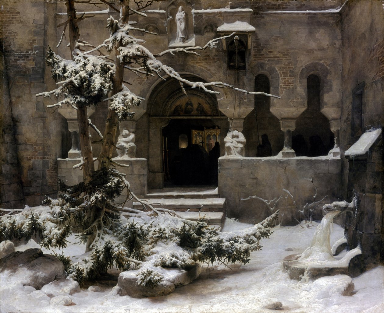 Kloostertuin in de sneeuw door Carl Friedrich Lessing