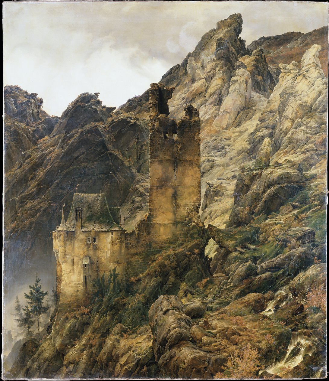 Rotsachtig landschap: kloof met ruïnes door Carl Friedrich Lessing