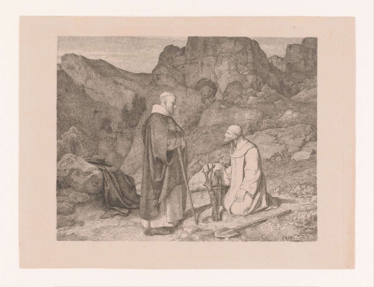 Twee monniken bij een gesnoeide boom in een berglandschap door Carl Friedrich Lessing