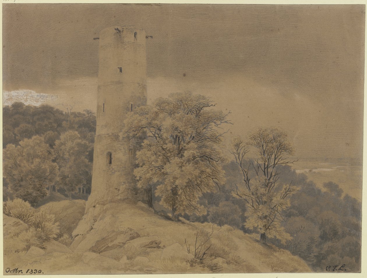 Boslandschap met wachttoren door Carl Friedrich Lessing