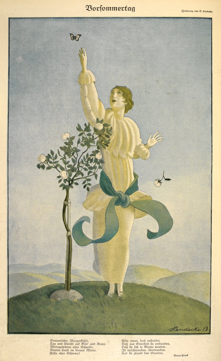 Tekening bij het gedicht "Vorsommertag": Een vrouw die naar een vlinder reikt door Carl Friedrich Otto Lendecke