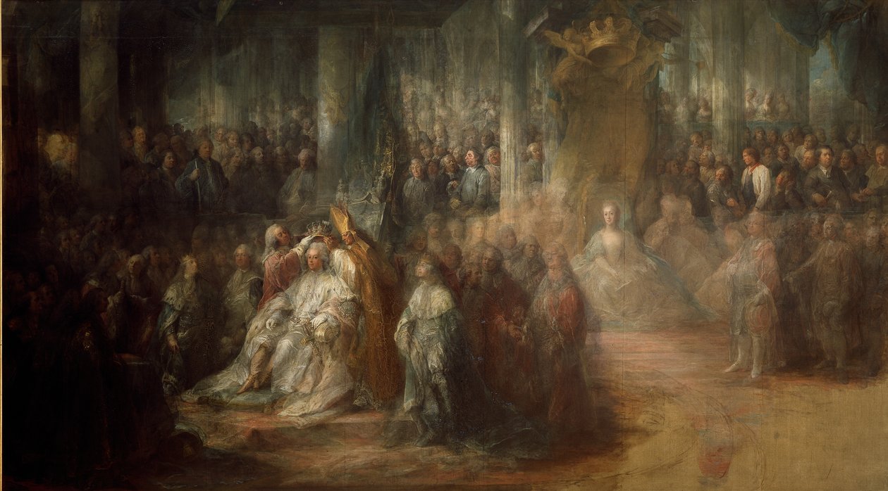 De Kroning van Koning Gustav III van Zweden (1746-92) door Carl Gustaf Pilo