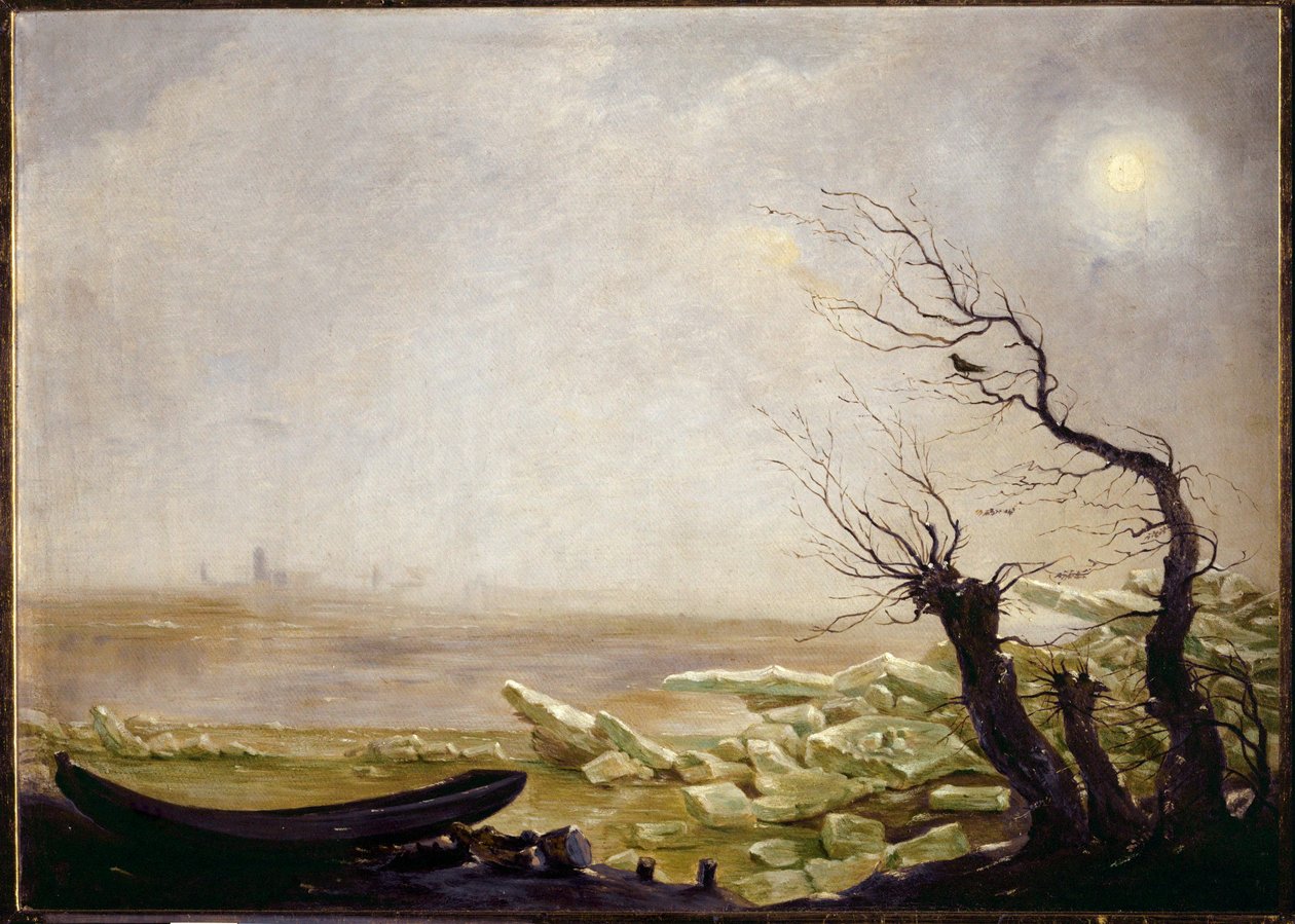 Boot gevangen in ijsschotsen (olieverf op doek) door Carl Gustav Carus