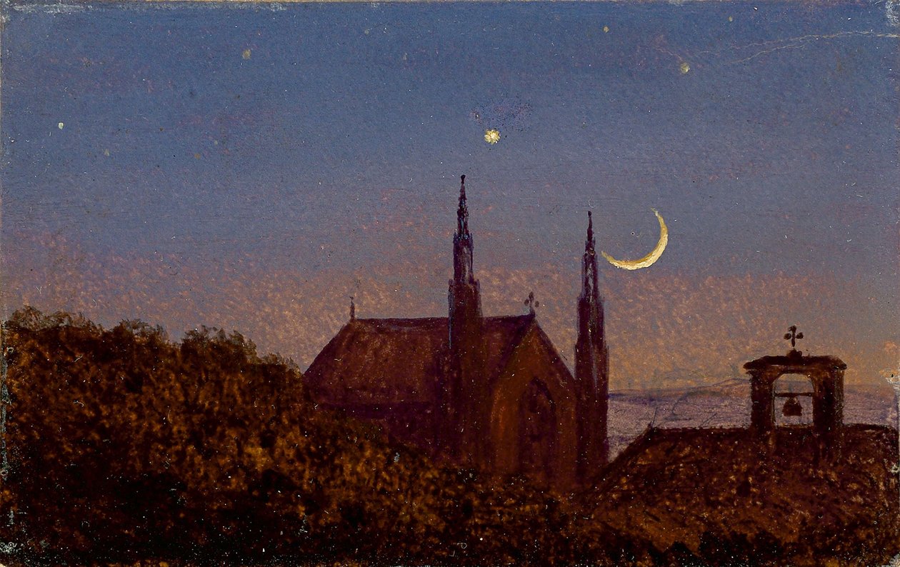Duits: Gotische kerk boven boomtoppen bij maanlicht (Klein maanverlicht landschap met kerkje) door Carl Gustav Carus