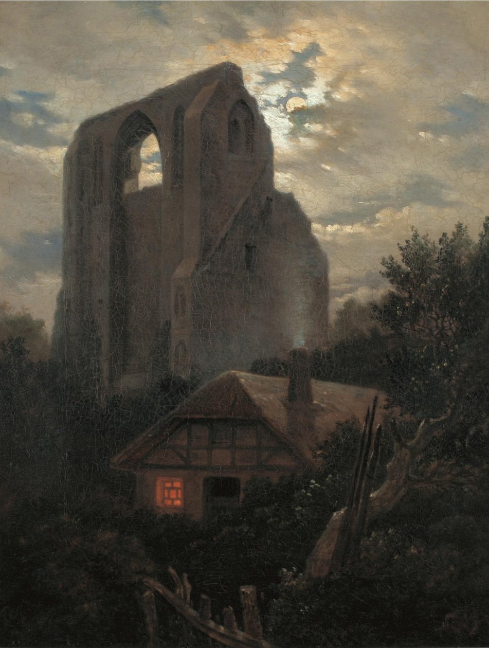 Ruïnes van het Eldena-klooster met huisje bij Greifswald in maanlicht, 1820 door Carl Gustav Carus