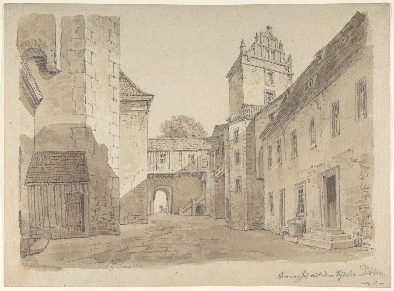 Uitzicht op de binnenplaats van het kasteel in Döben door Carl Gustav Carus
