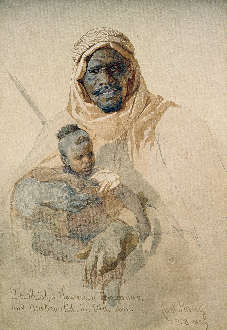 Bachist, een Howazeen Bedawee en Mabzookh, zijn kleine zoon, 1859 door Carl Haag