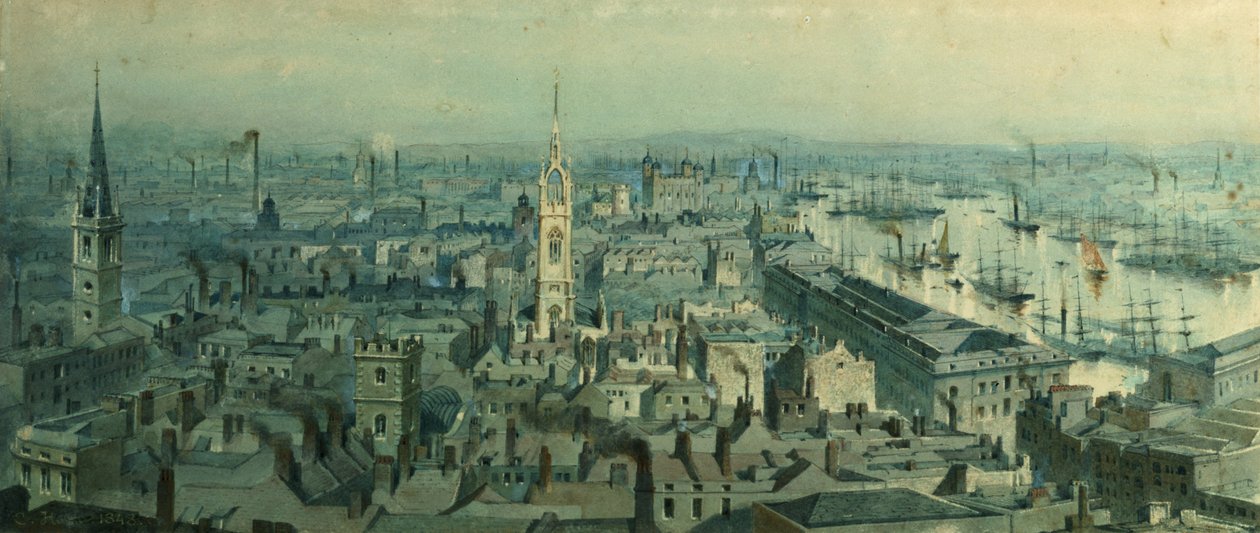 Uitzicht op Londen vanaf het Monument naar het Oosten, 1848 door Carl Haag