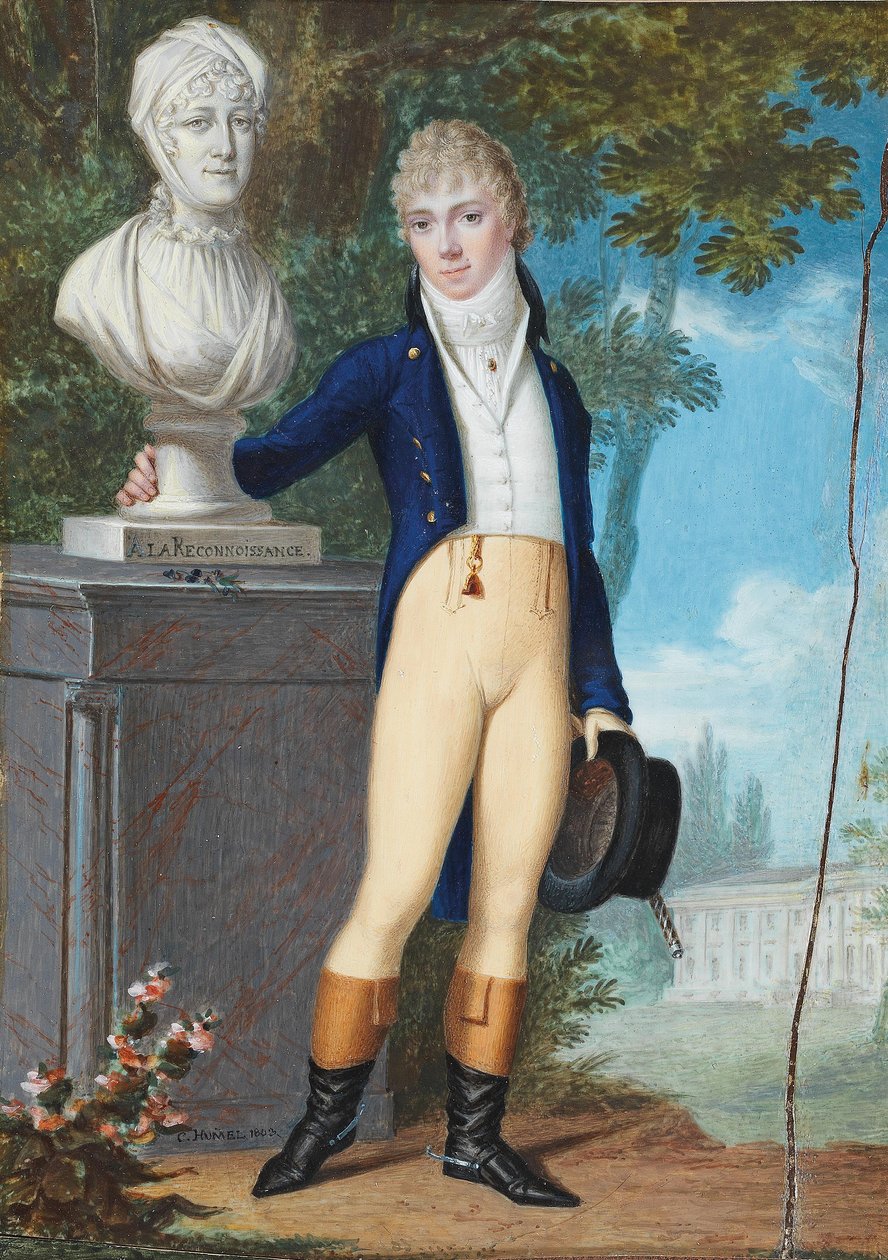 Duits: Portret van een jonge heer in ruiterkostuum, in een kasteelpark, staand naast de buste van zijn moeder met de inscriptie "à la Reconnaissance" (in dankbaarheid) - volgens het bijschrift op de achterkant is dit de 14-jarige Franz de Paula G door Carl Hummel