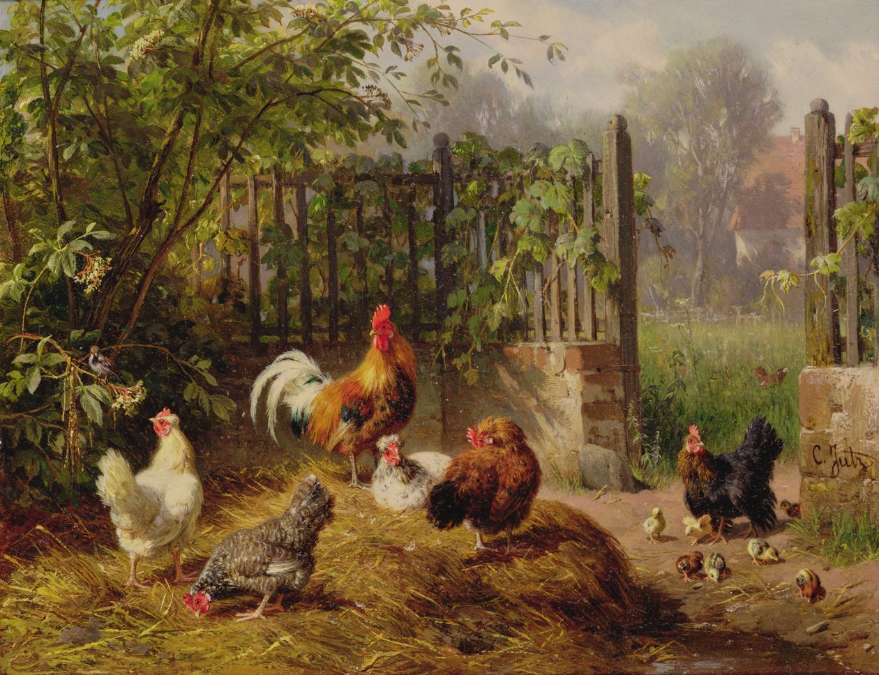 Haan met Hennen en Kuikens door Carl Jutz