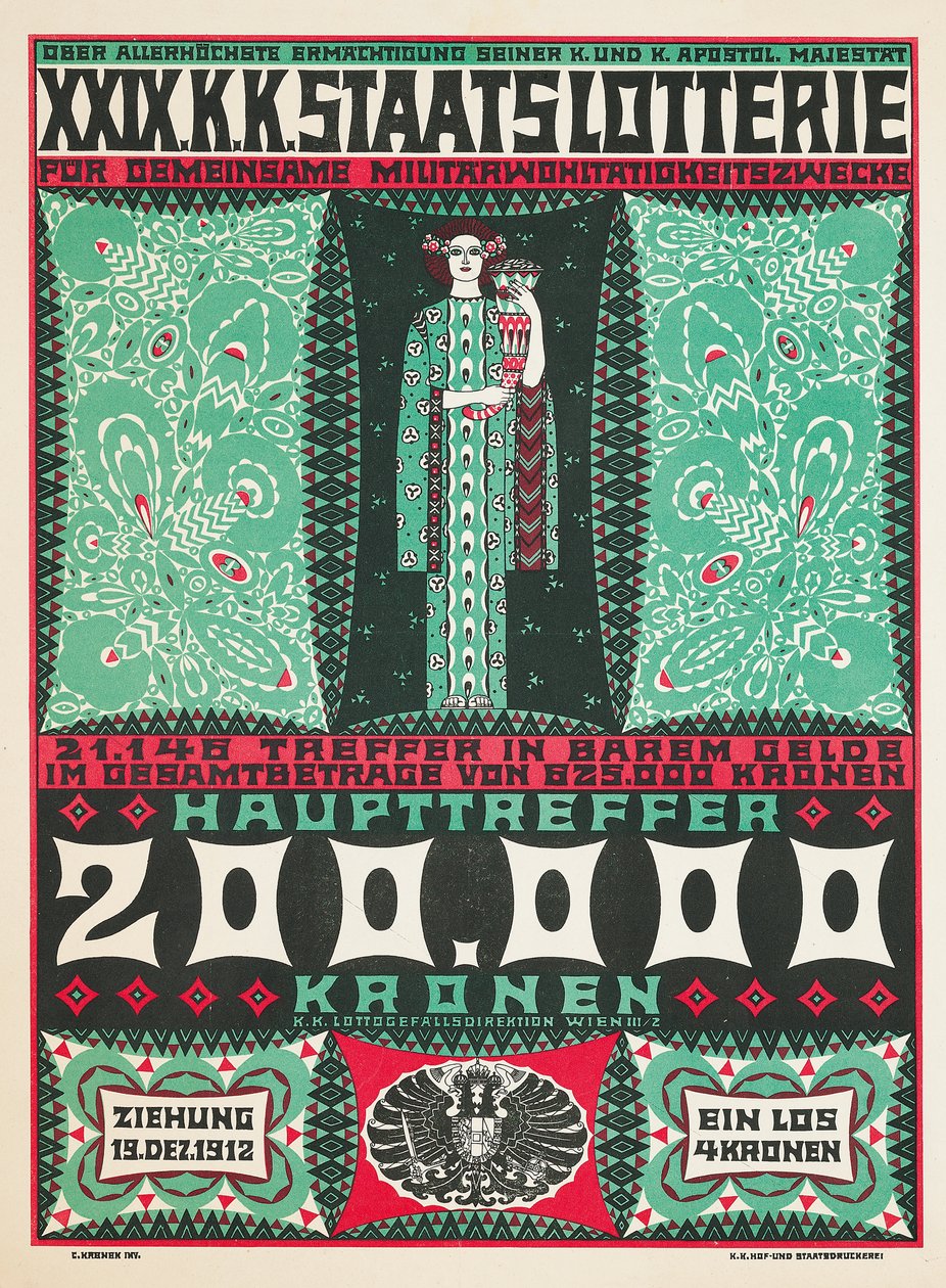 Poster die de 24e Koninklijke Oostenrijkse liefdadigheidsloterij in 1912 adverteert door Carl Krenek