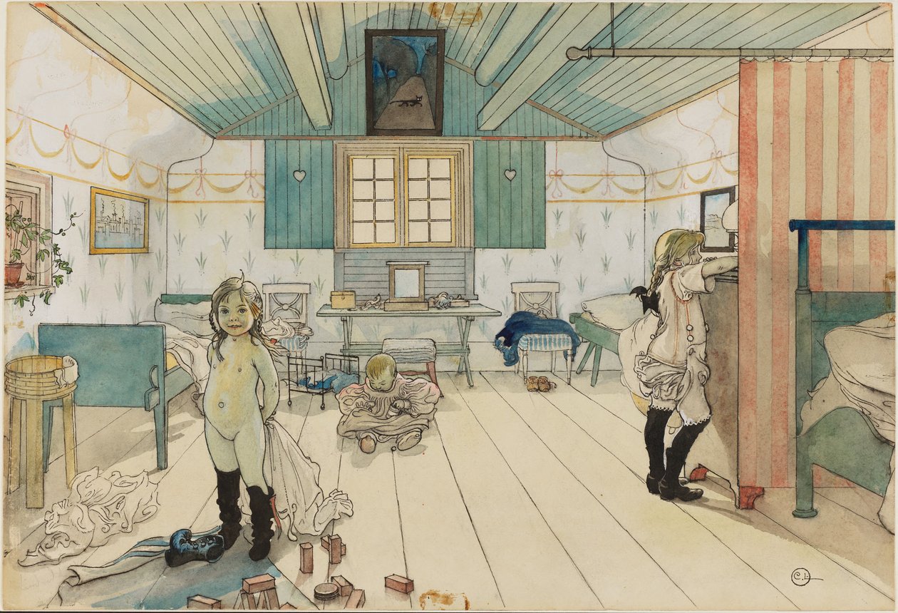 De kamer van moeder en de kleine meisjes. Uit Een thuis (26 aquarellen) door Carl Larsson