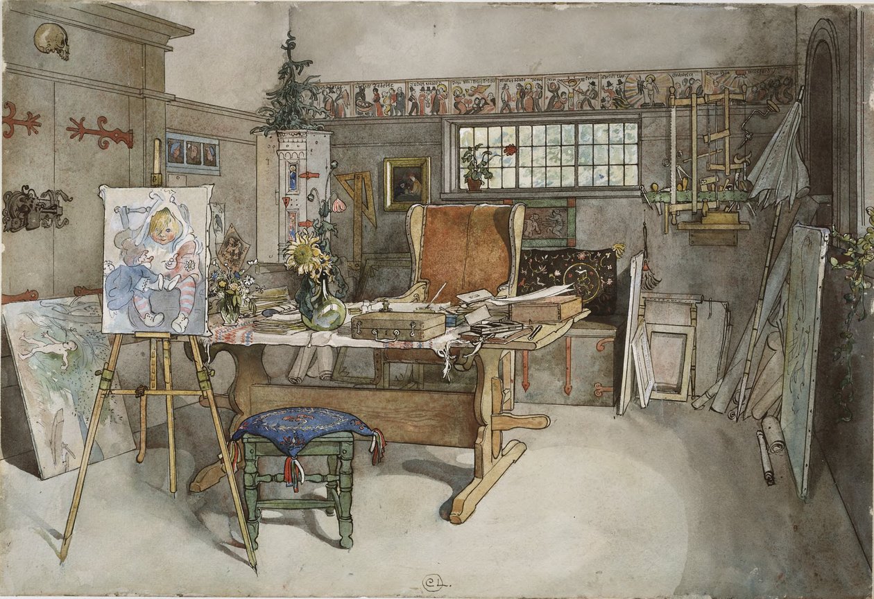 De studio. Uit ‘A Home’ (26 aquarellen) door Carl Larsson