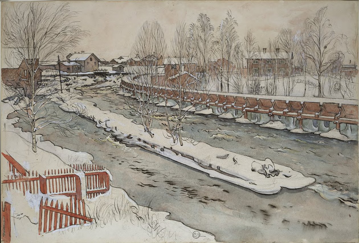 De houtglijbaan. Wintertafereel. Uit de serie ‘A Home’ (26 aquarellen) door Carl Larsson