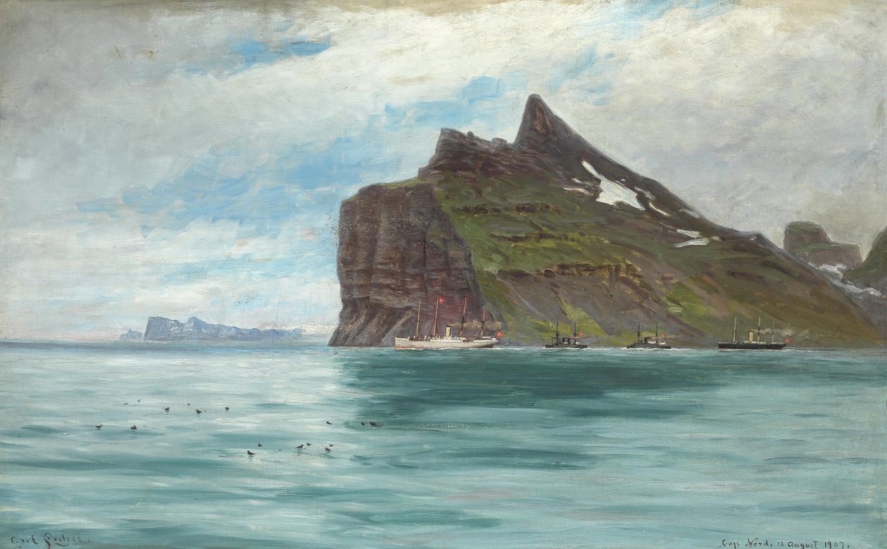 Uitzicht vanaf Kaap Noord, IJsland, van de Koninklijke Deense Reis van 1907 met het stoomschip SS Birma door Carl Locher