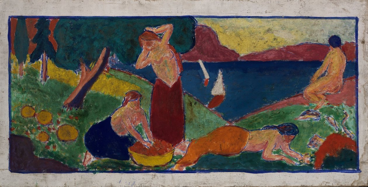 (Vrouwen in landschap met blauwe rand) door Carl Newman