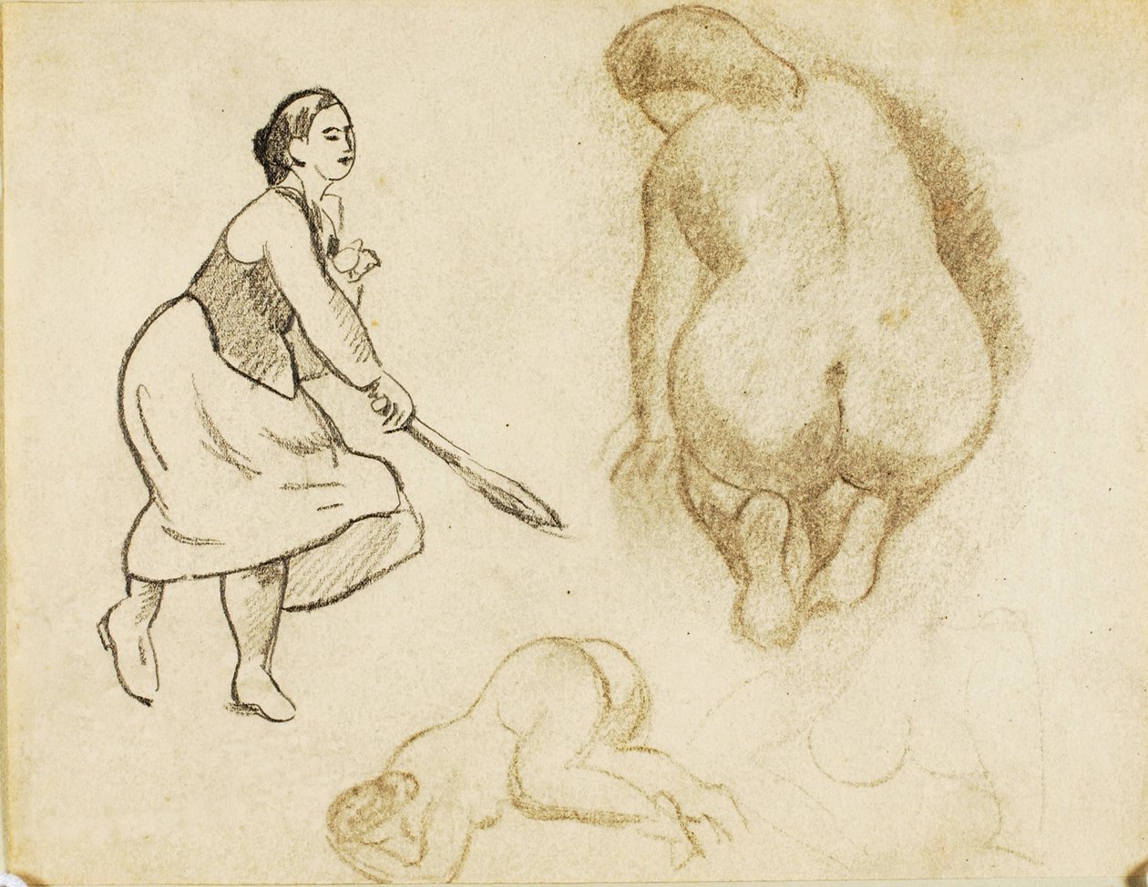 Vrouw met tennisracket en twee figuurstudies door Carl Newman
