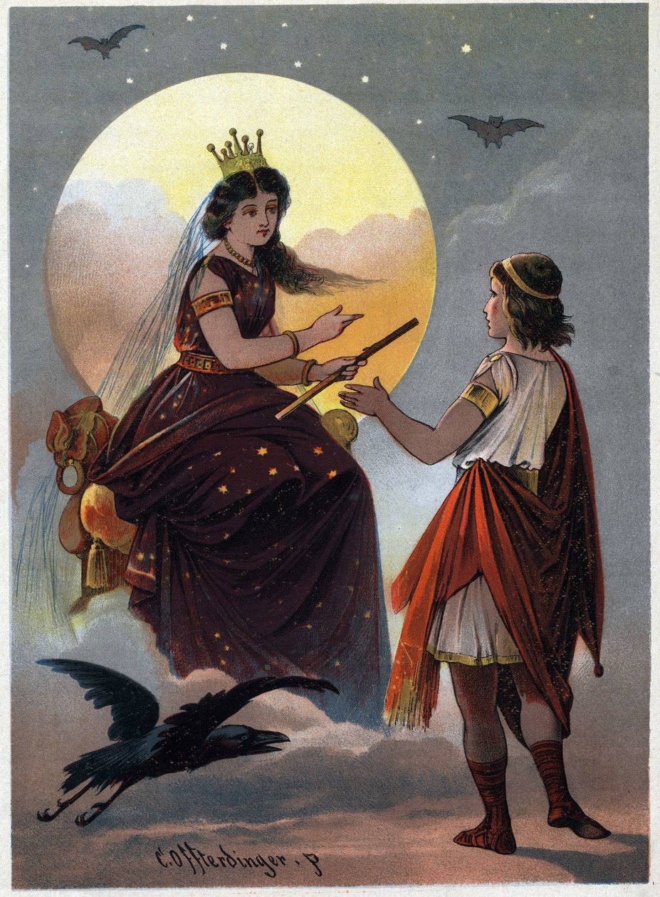 Prins Tamino voor de betoverende Koningin van de Nacht en biedt haar dochter aan in het huwelijk als hij erin slaagt haar uit de handen van de wrede Sarastro te bevrijden. Illustratie door Carl Offterdinger in 