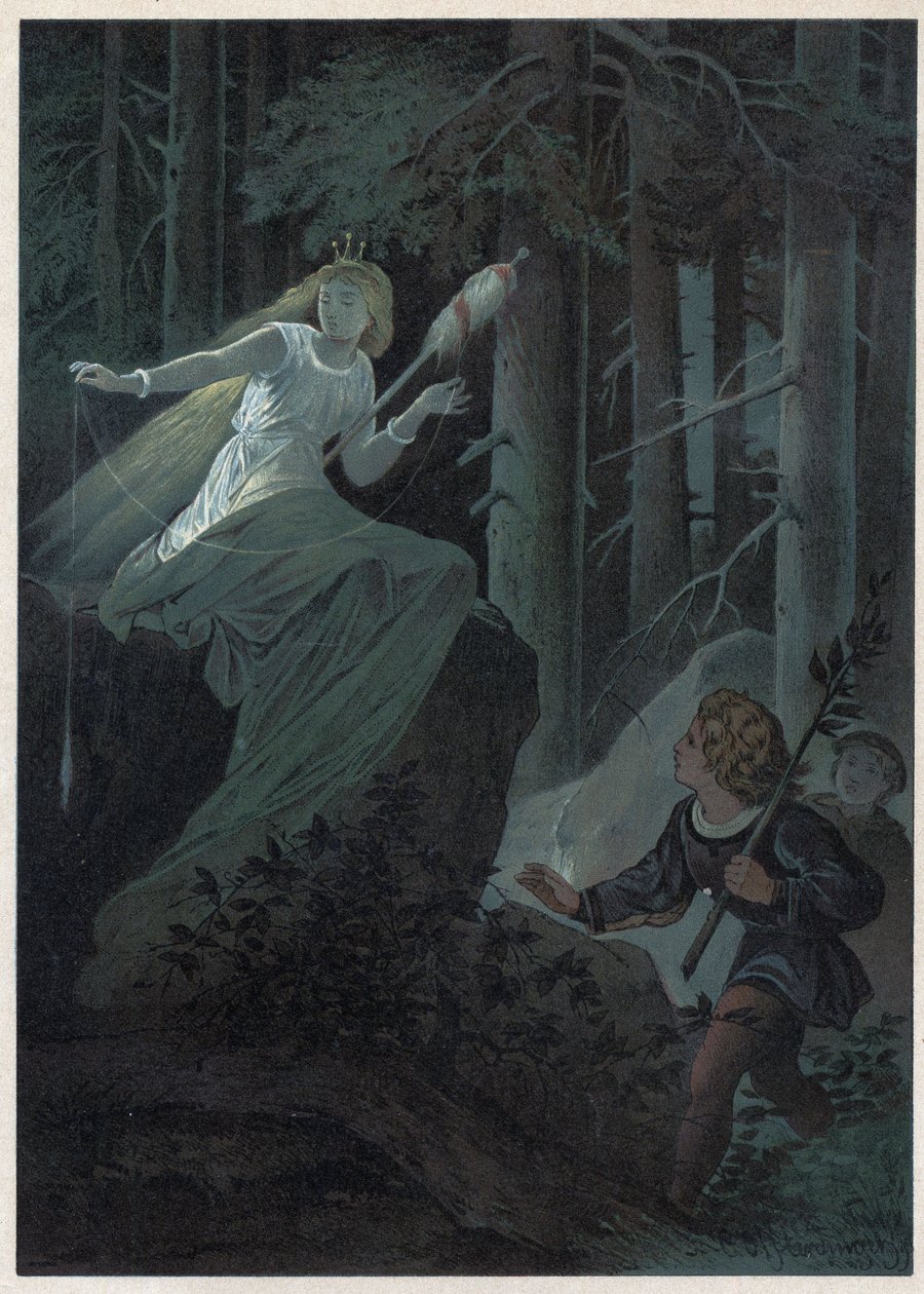 De fee die wegvlucht met een gouden spinrok zong het lot van een gouden knoop. Illustratie door Carl Offterdinger (1829-1889) in 